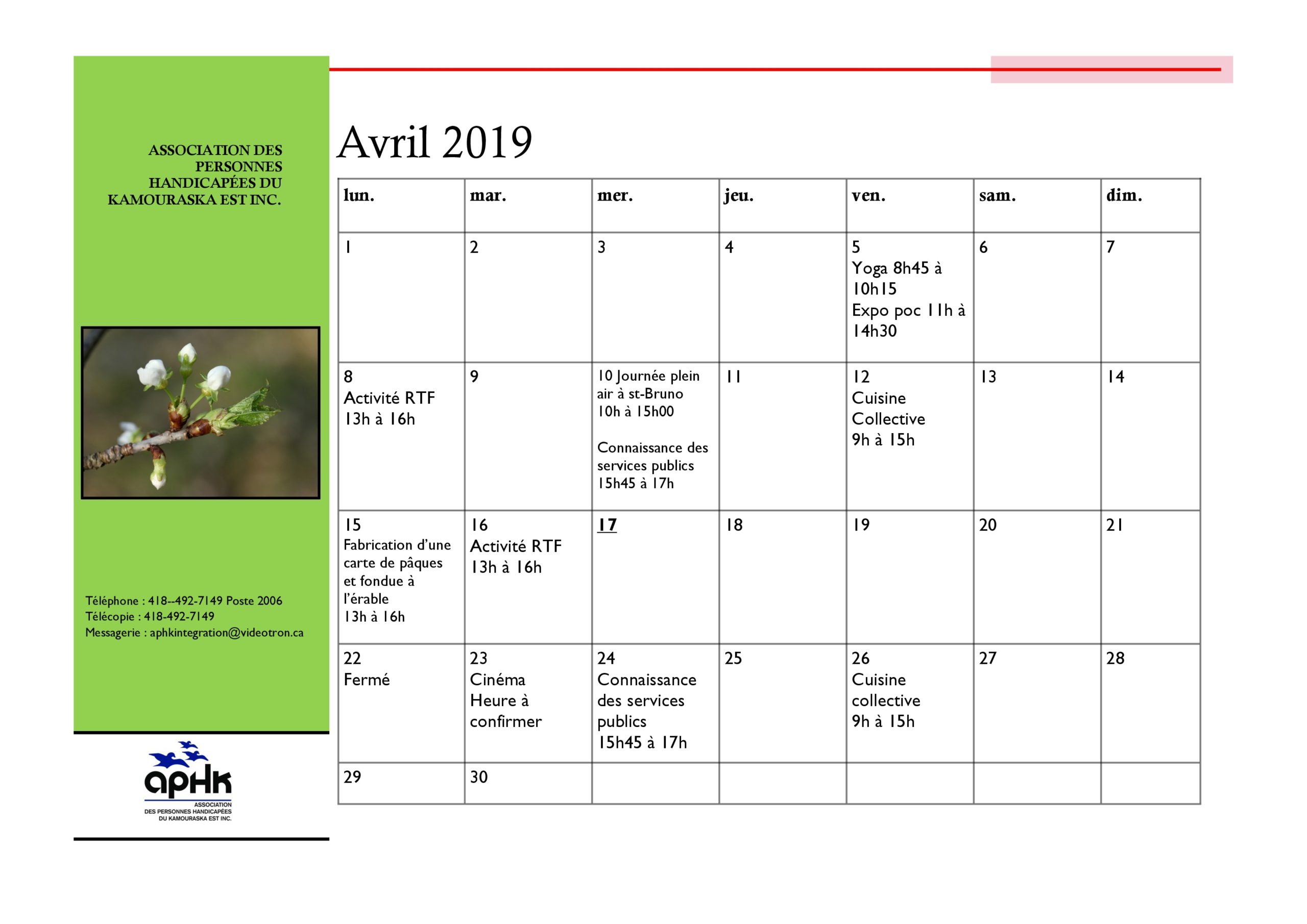 calendrier avril 2019