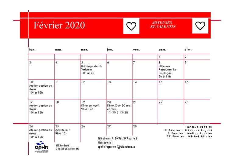Calendrier février 2020