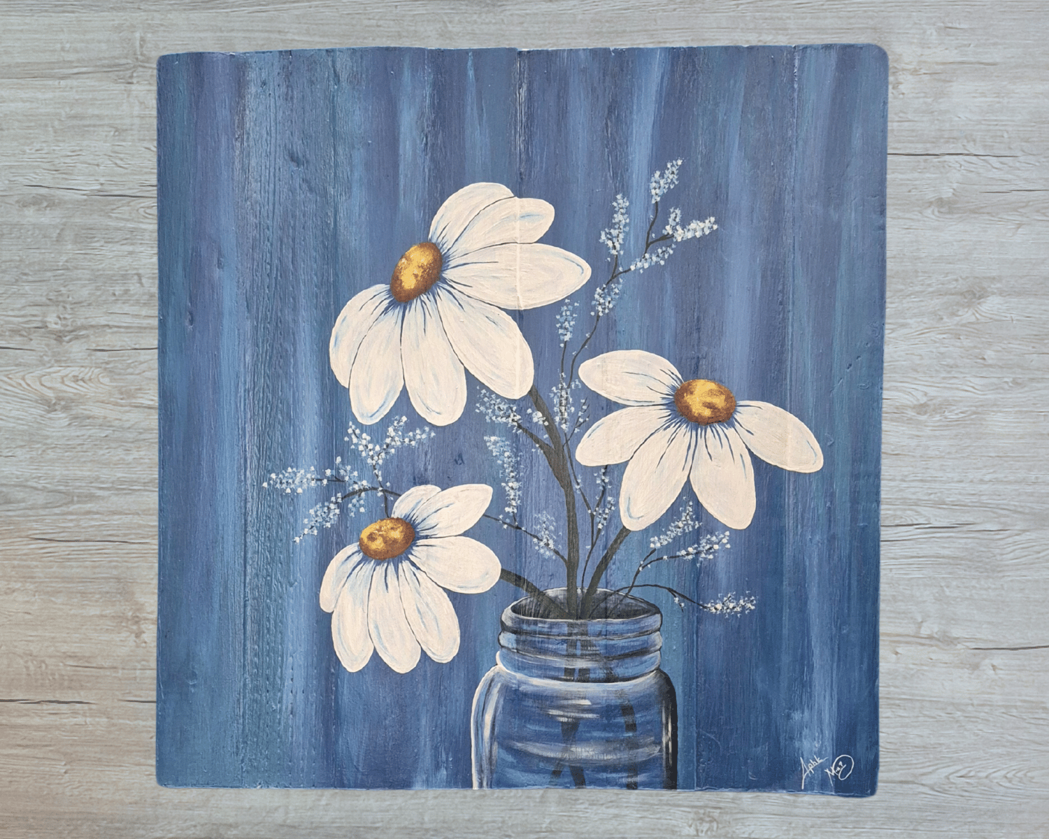 Tableau peint à la main représentant un pot contenant 3 marguerites blanches