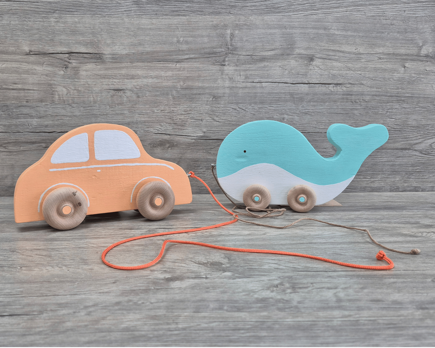auto et baleine en bois avec cordelette, jouet pour enfant