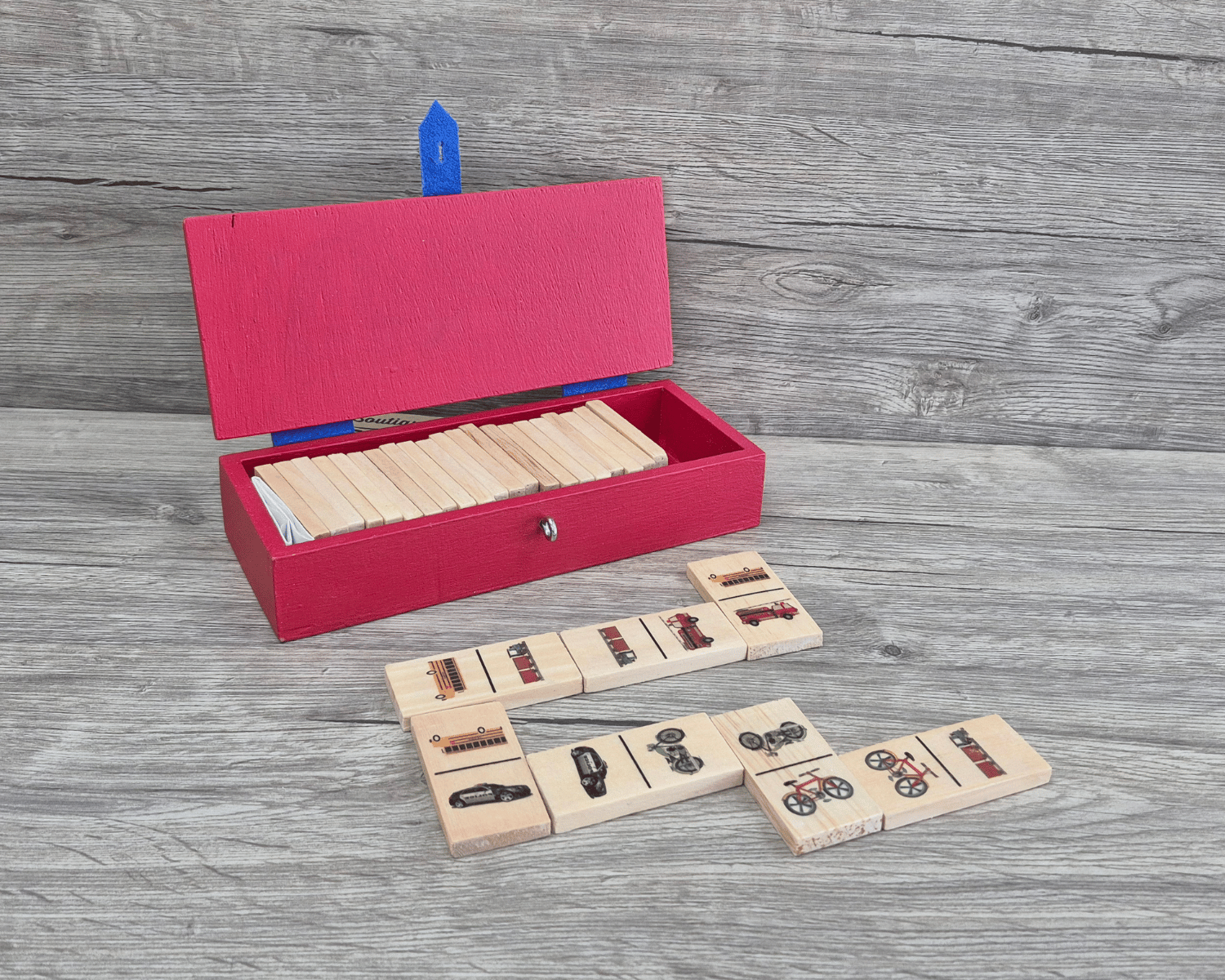 jeu de domino en bois avec images de véhicules
