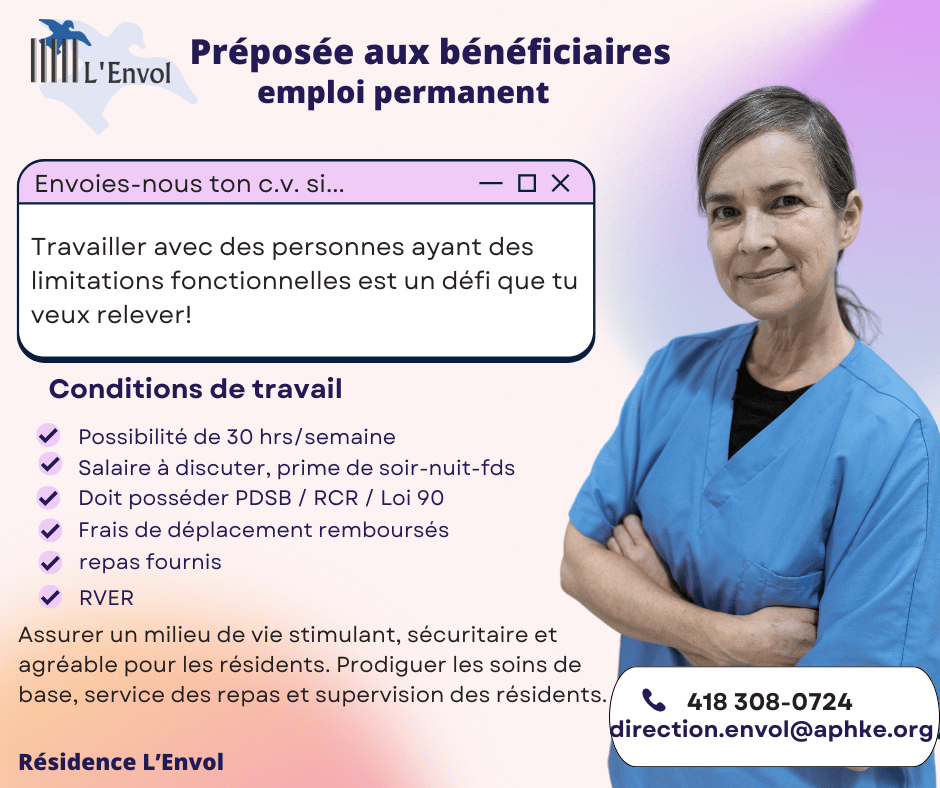 offre d'emploi de préposée aux bénéficiaires pour la résidence L'Envol à Saint-Pascal