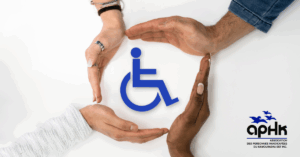 sigle handicapé de couleur bleu entouré de 4 mains